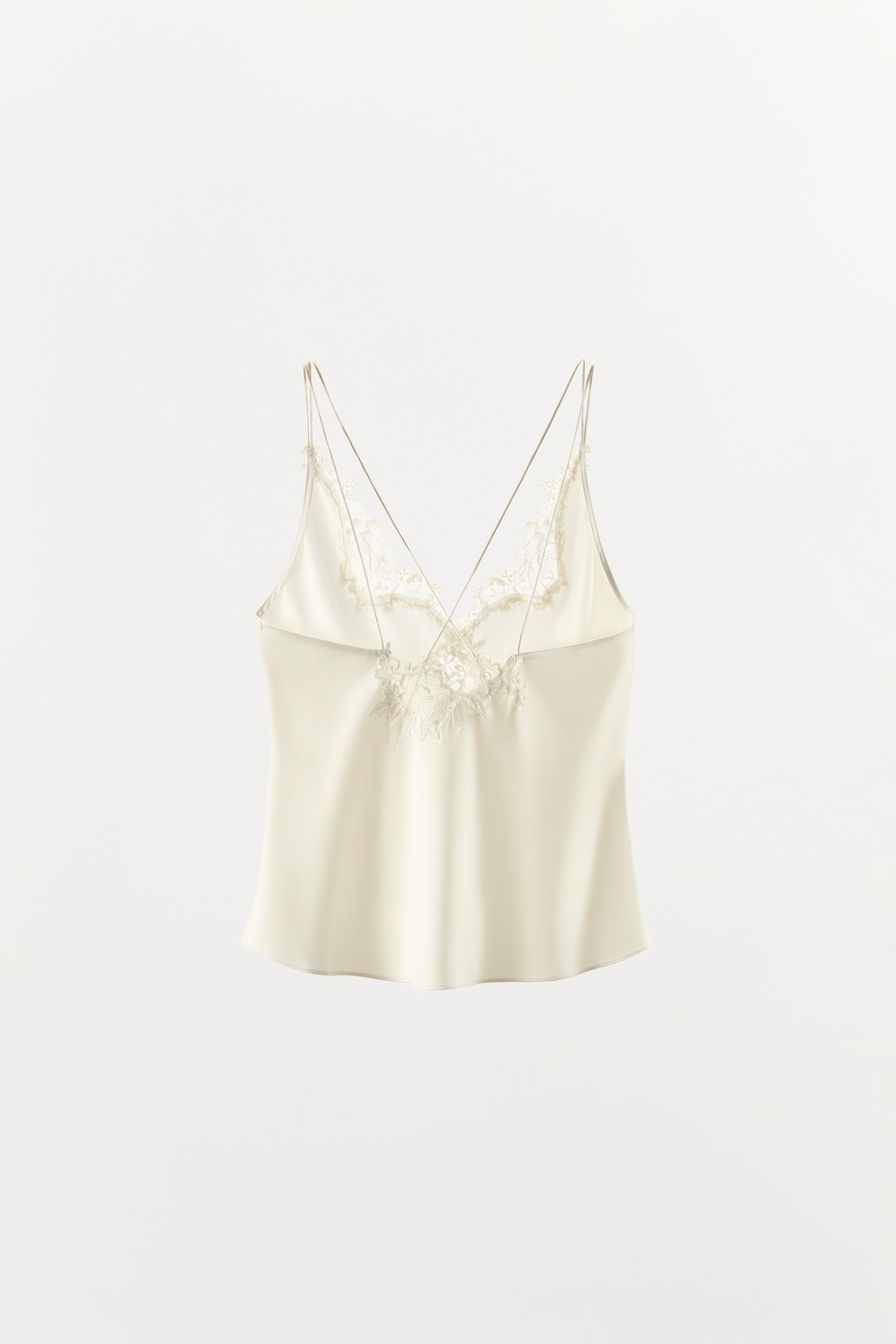 SATIN LACE-TRIM CROSS-STRAP TOP
